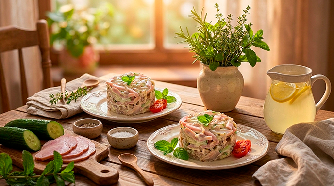 Новогодний салат с сыром и ветчиной
