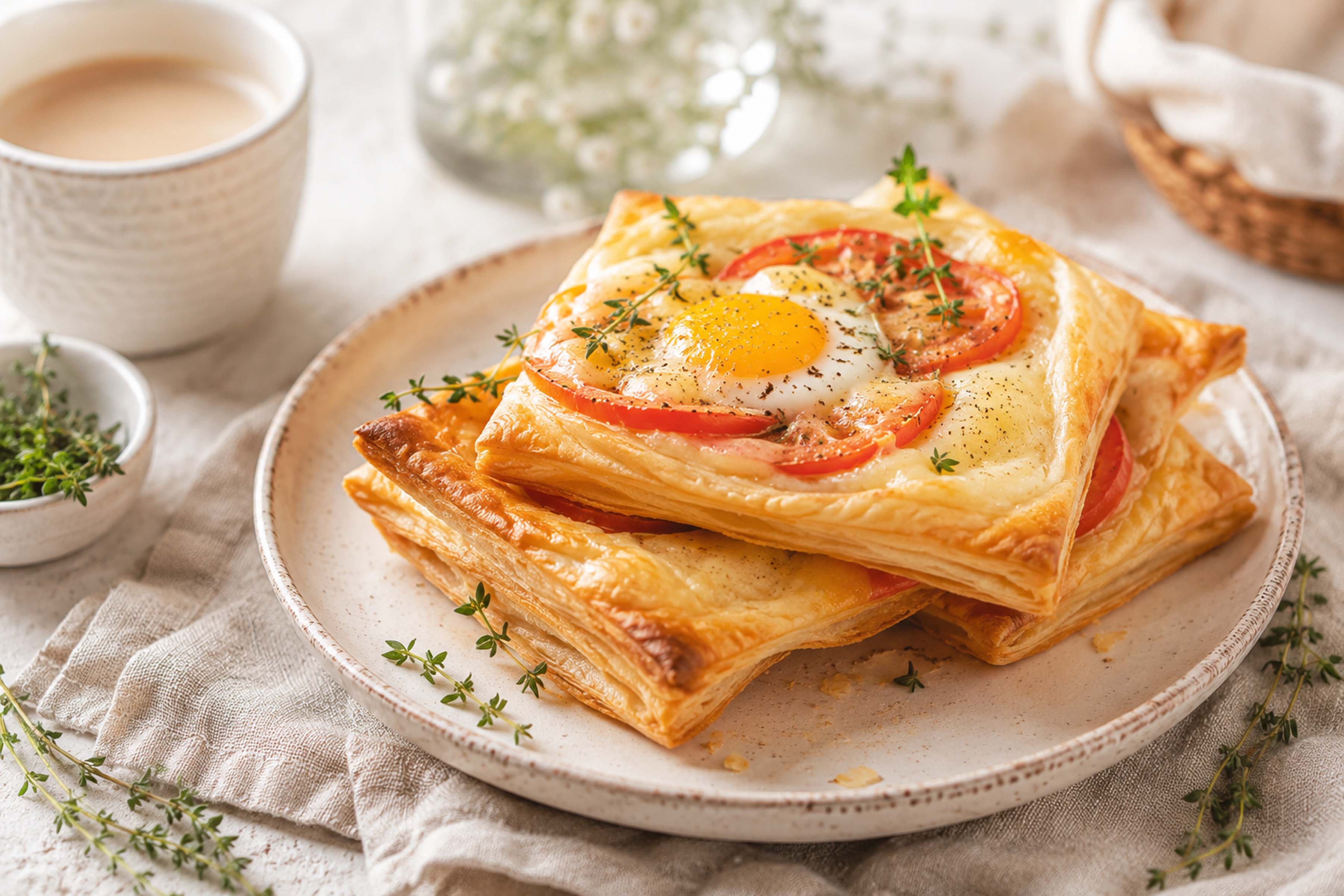 Слойки с яйцом, сыром и помидорами