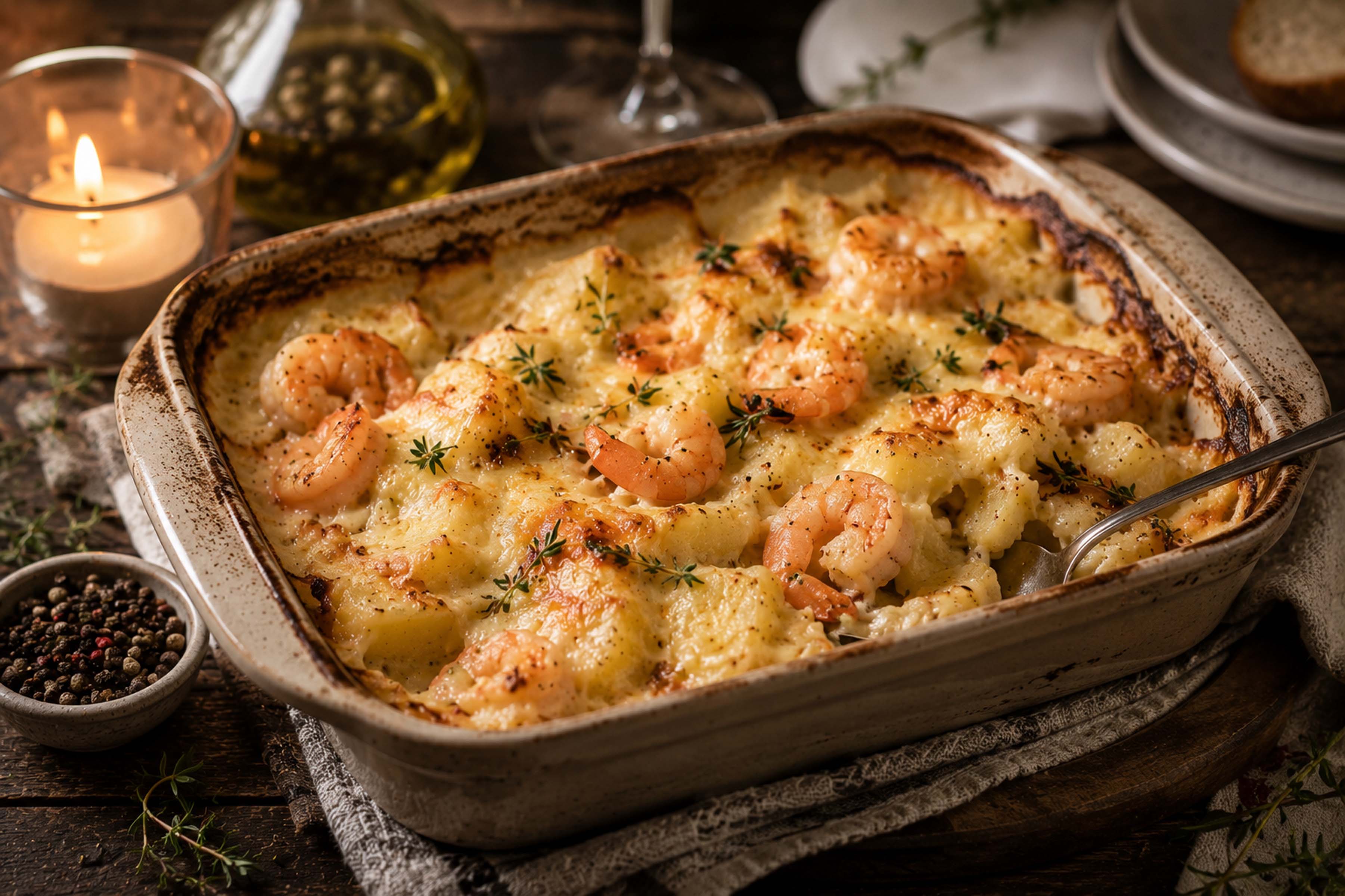 Запеканка с креветками, картофелем и сыром